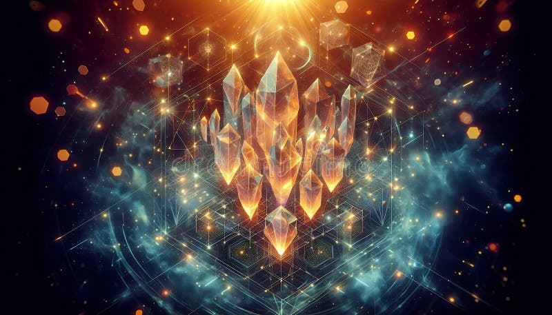 Radiant glowing crystal structures arranged in geometric shapes, floating in a cosmic space environment vector illustration