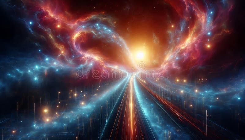Radiant glowing intergalactic bridge of light connecting two cosmic worlds, generative ai stock illustration