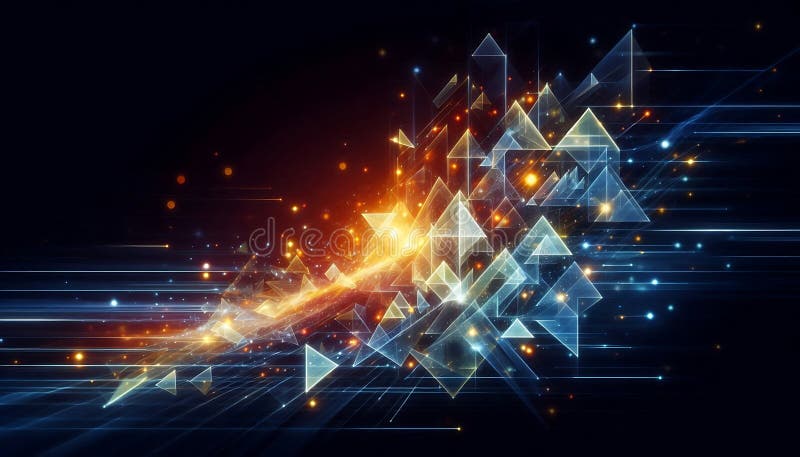 Radiant glowing triangles arranged in a dynamic floating abstract pattern against a dark futuristic background, designed using generative ai