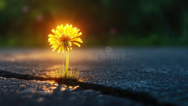 Radiant gul dandelion-blomning genom beläggning vid solnedgång royaltyfri foto