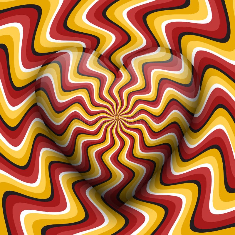 Radiant heart moving optical illusion vector abstraction. Yellow red curved striped patterned spinning heart