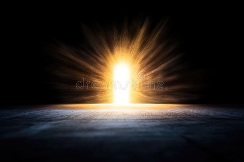 Radiant light burst through dark doorway into illuminated room royalty free stock photography