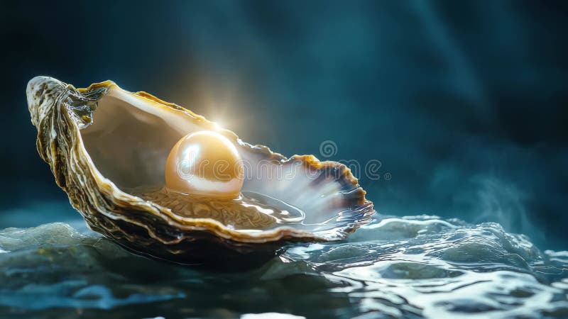 Radiant Pearl Inside Oyster Shell on Calm Ocean Surface vector illustration