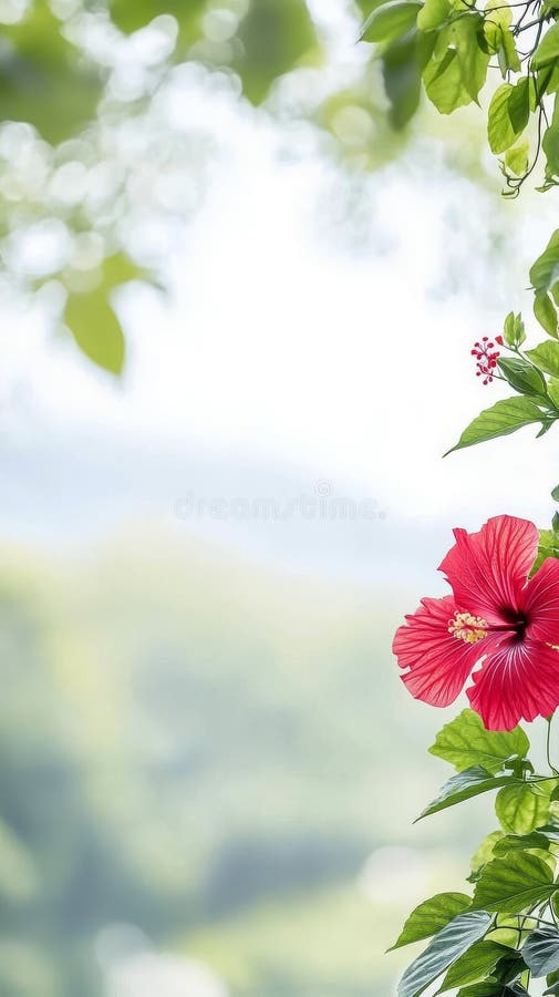 Radiant Red Hibiscus Flower i Vibrant Greenery Capturing the Essence of Summer. Begreppet naturskött tropiskt royaltyfria bilder
