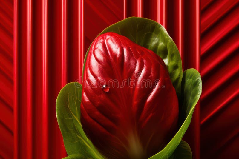 Radicchio achicoria roja que emerge de las hojas verdes sobre el fondo rojo ilustración del vector