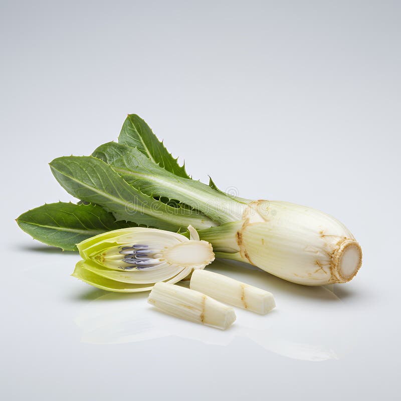Radicchio Closeup fresco : Lámpara pálida hojas verdes vibrantes sobre fondo blanco stock de ilustración