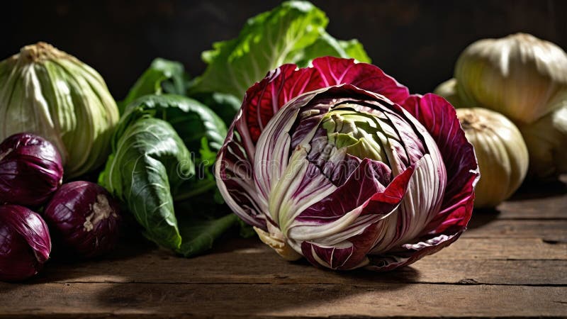 Radicchio fresco con hojas sobre una mesa rústica libre illustration