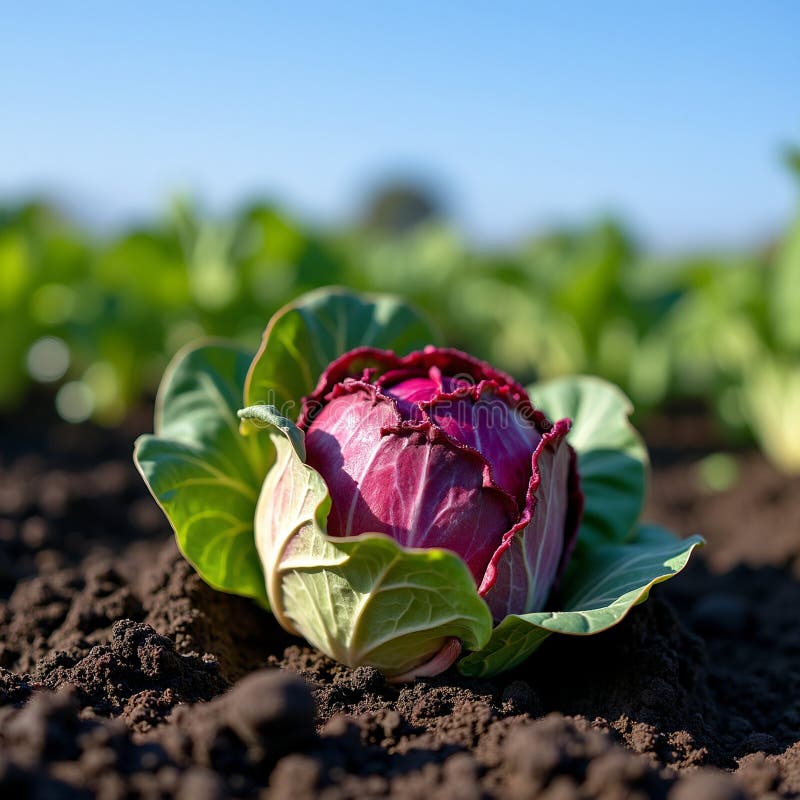 Radicchio fresco en suelo con varios cultivos bajo cielo azul stock de ilustración