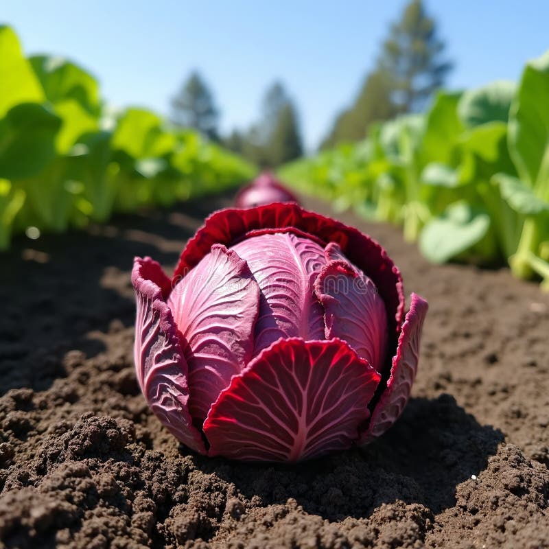 Radicchio fresco en suelo con varios cultivos bajo cielo azul stock de ilustración