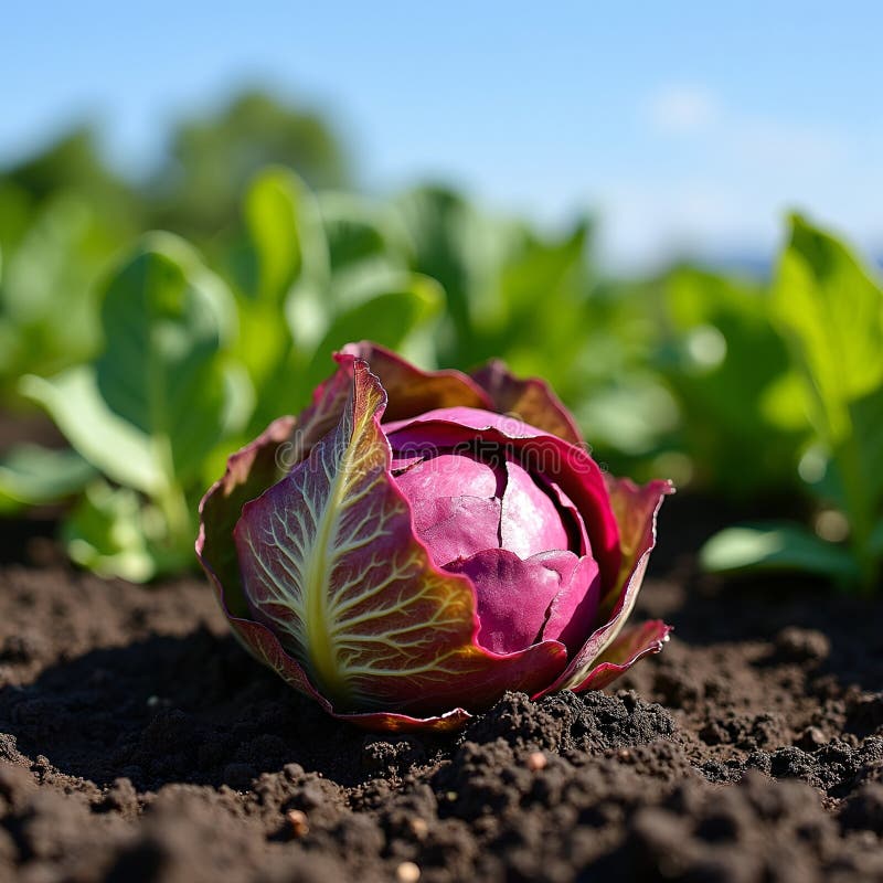 Radicchio fresco en suelo con varios cultivos bajo cielo azul ilustración del vector