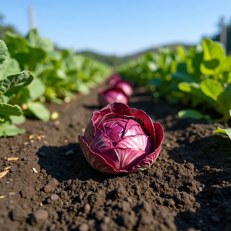 Radicchio fresco en suelo con varios cultivos bajo cielo azul libre illustration