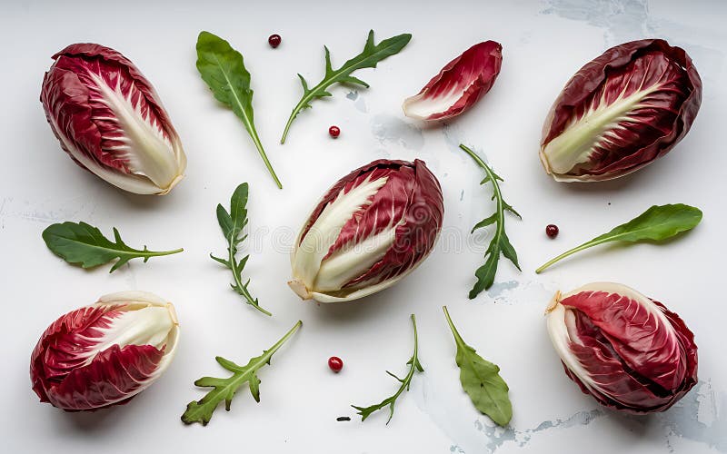 Radicchio fresco y hortalizas de Arugula para la cocina gourmet y la alimentación saludable stock de ilustración