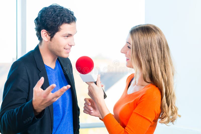 Radio host in radio stations with interview stock photo