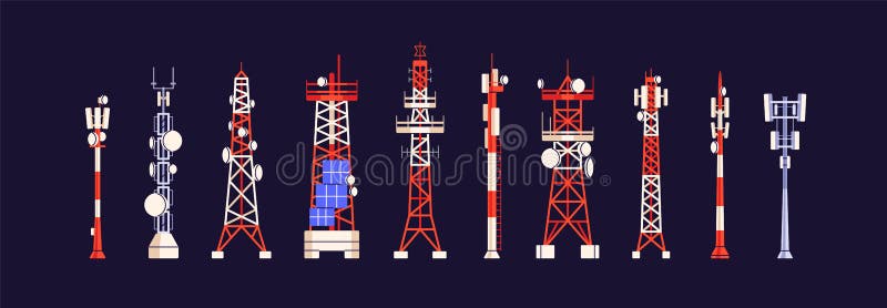 Radio masts, antenna towers set for telecommunication, broadcasting. TV, internet, satellite signaI transmission