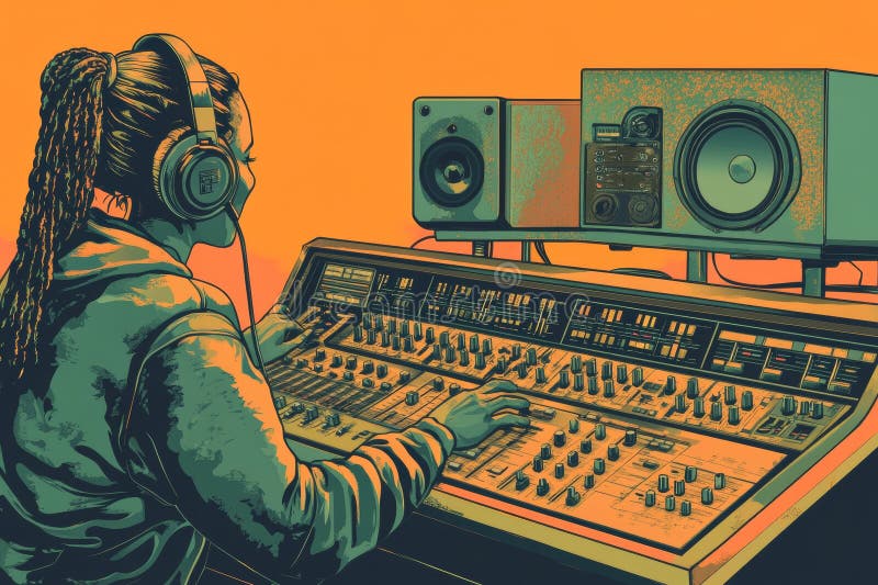 On the radio, a smiling presenter in headphones talks into a microphone, connecting with listeners and representing the royalty free stock image