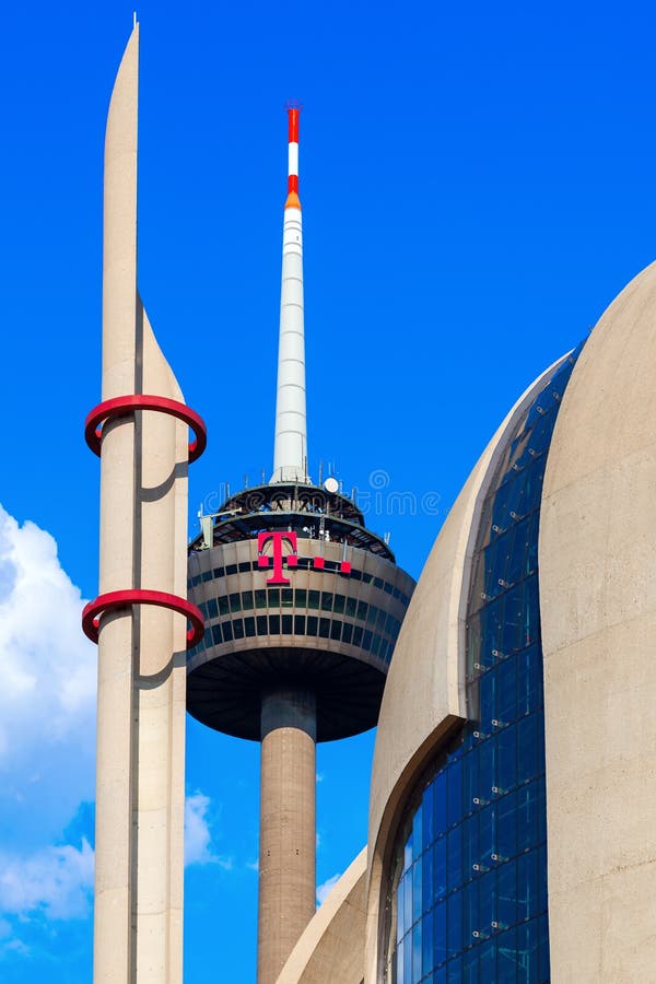 Radio tower called Colonius and modern Islamic mosque in Cologne, Germany