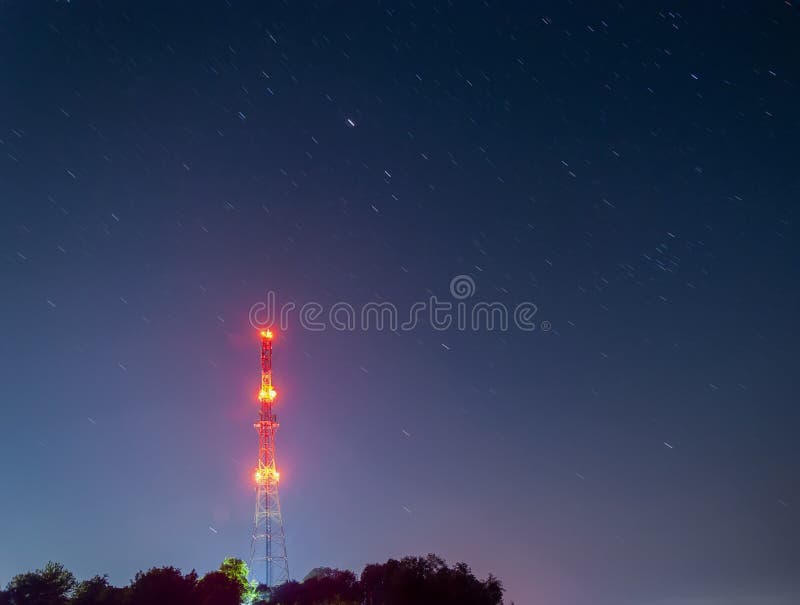Radio Tower on Night Starry Sky Background Stock Image Image of
