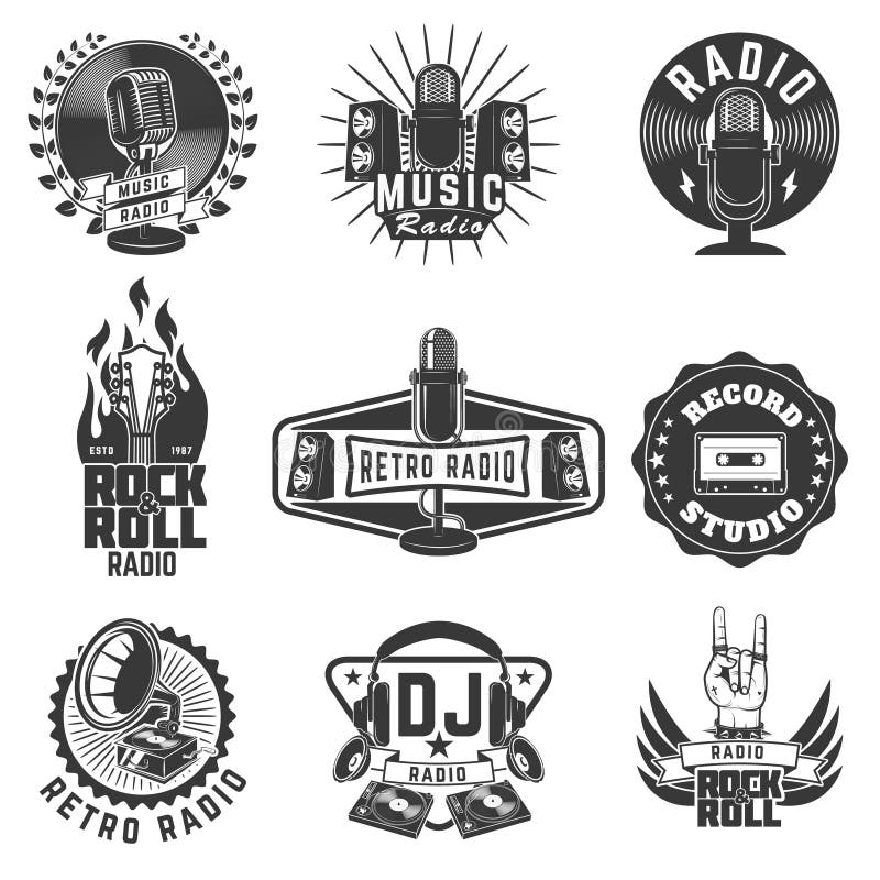 Radioetiketter Den Retro radion, antecknar studion, vaggar - och - rullar radioem vektor illustrationer Radioetiketter Den Retro radion, antecknar studion, vaggar - och - rullar radioem vektor illustrationer