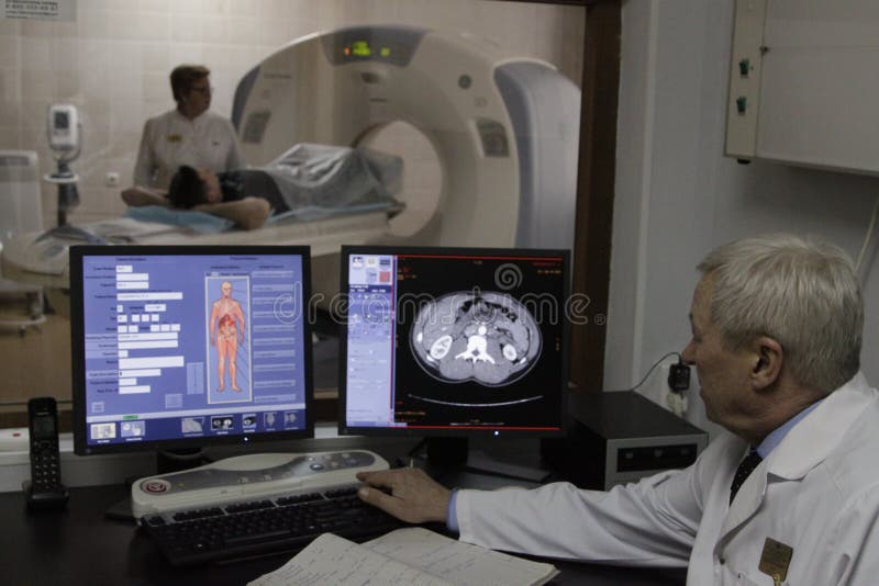 Doctor doing magnetic resonance imaging of the lungs of a patient. Doctor doing magnetic resonance imaging of the lungs of a patient