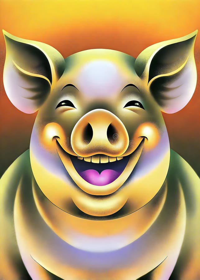Radosna świnia z kreskówki uśmiechnięta jaskrawo kolorowe tło Happy Expression ilustracji