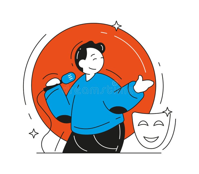 Radosny artysta komediowy na żywo z mikrofonową płaską ilustracją. zdarzenie stand-up ilustracji