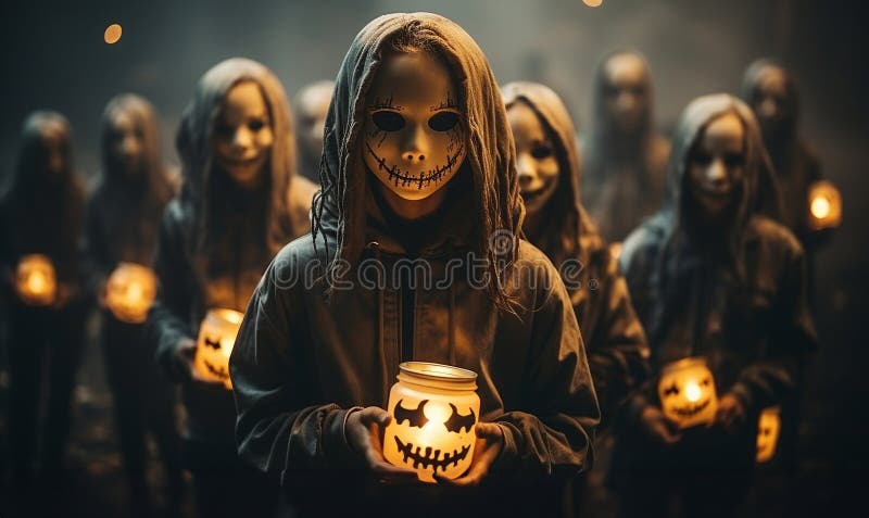 Gathering of young scary children wearing masks, hoods and carrying spooky candle vases on a foggy night - generative AI. Gathering of young scary children wearing masks, hoods and carrying spooky candle vases on a foggy night - generative AI