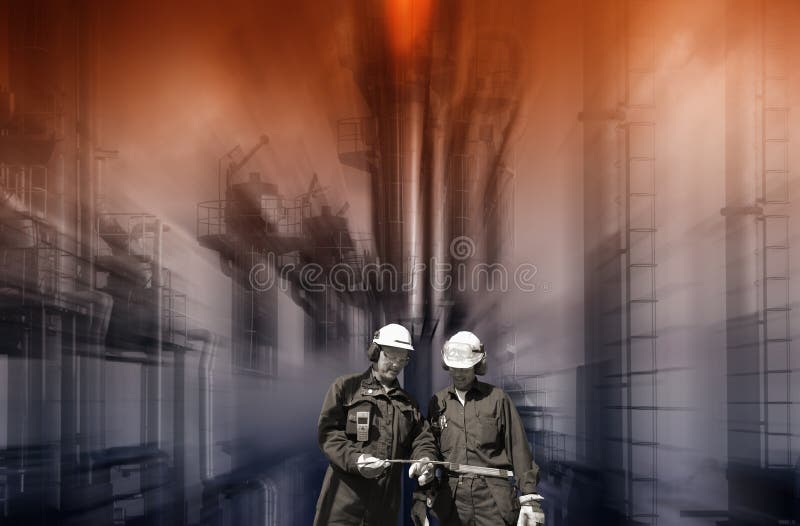 Raffinaderijarbeiders met de grote chemische industrie royalty-vrije stock foto's Raffinaderijarbeiders met de grote chemische industrie royalty-vrije stock foto's