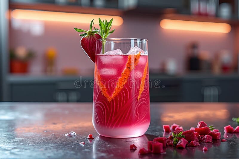 Raffreddare un cocktail di fragole con ghiaccio e vernice nella cucina moderna fotografia stock libera da diritti