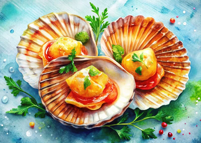 Rafinat Aerial Scallop Ilustrație O capodoperă gourmet fructe de mare pentru experiențe moderne de luat masa royalty free illustration