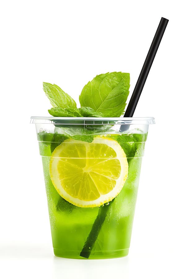 Rafraîchir la boisson verte dans une tasse en plastique transparent avec une éminente tranche de citron illustration de vecteur