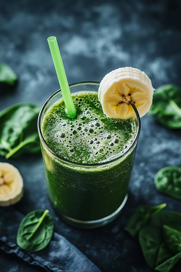 Rafraîchir la Smoothie verte avec la banane et les épinards. Un smoothie vert délicieux et rafraîchissant fait de banane d'épinards et d'autres ingrédients sains. Idéal pour un petit déjeuner rapide et nutritif déjeuner ou snack. L'image montre un verre de smoothie vert avec une tranche de banane sur le dessus