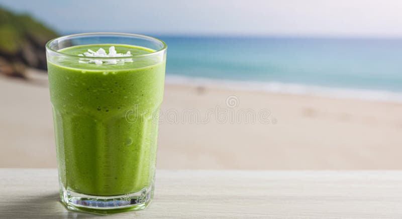 Rafraîchir la smoothie verte sur la table de plage illustration de vecteur