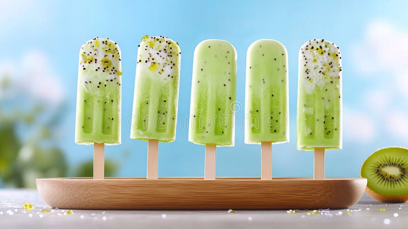 Rafraîchir les kiwi verts popsicles sur plateau en bois avec des graines de chia sur fond bleu illustration de vecteur