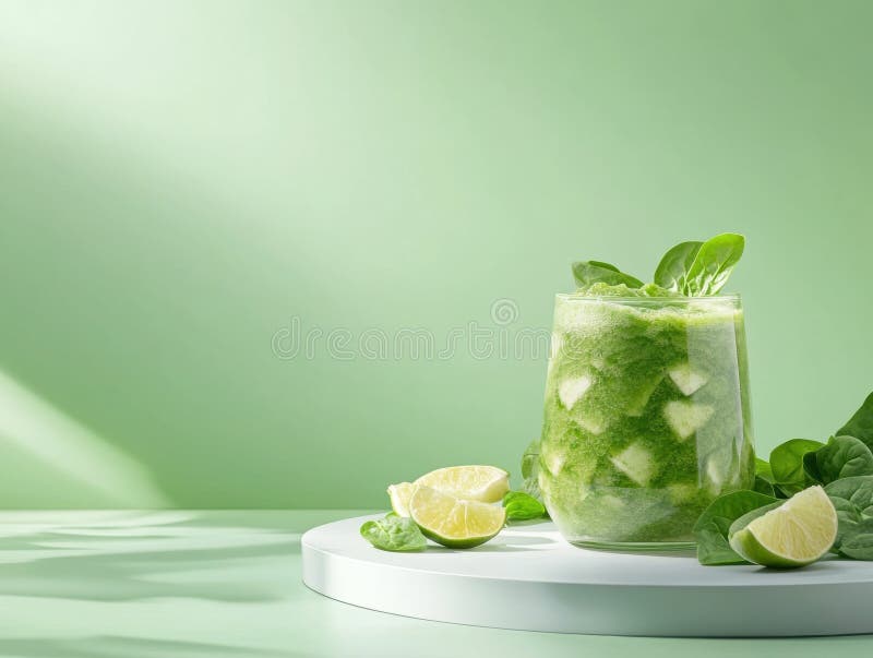 Rafraîchissant smoothie vert avec chaux et épinards dans un cadre ensoleillé illustration libre de droits