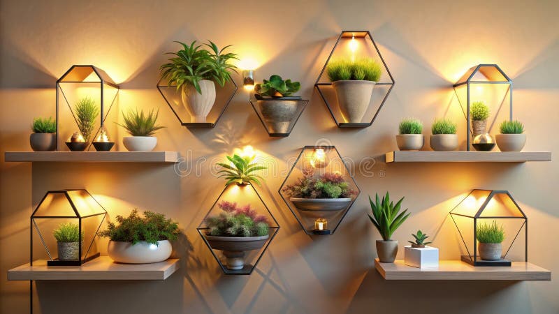 Rafturi de afișare iluminate moderne cu rame metalice geometrice și iluminare caldă. stock illustration