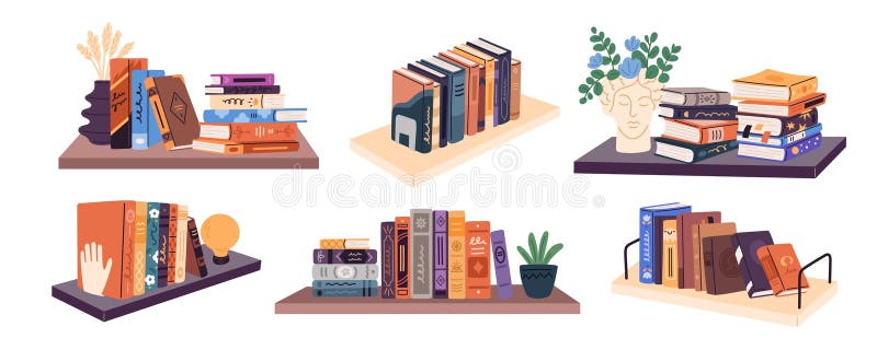 Rafturi de cărți. Cărți rânduri și stive pe rafturi bibliotecă distribuție culori diferite decorațiuni interioare bibliotecă cu vector illustration