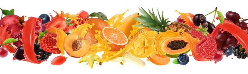 Rafturi de fructe și fructe. stropire de suc. fructe tropicale dulci și bace mixte 3d, set vectorial realist vector illustration