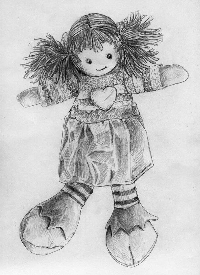 Hand drawn pencil sketch of a rag doll wearing knitted little sweater with ...