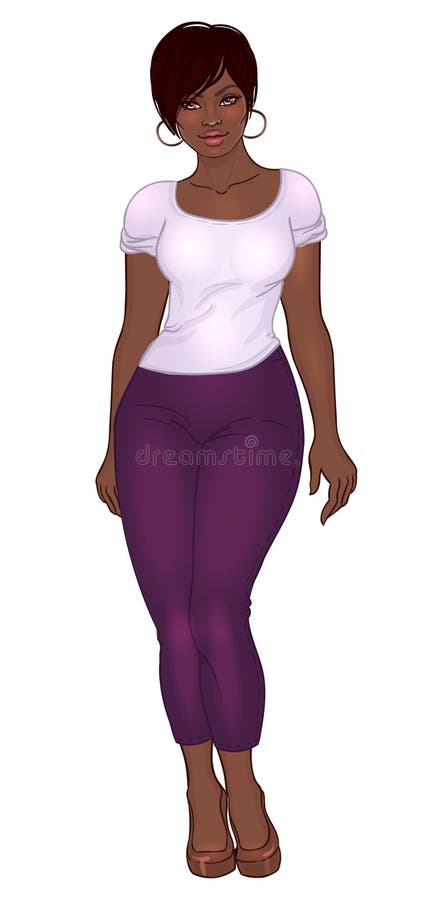 Ragazza afroamericana Curvy nell'abbigliamento casual e nel isolat dei tacchi alti illustrazione vettoriale