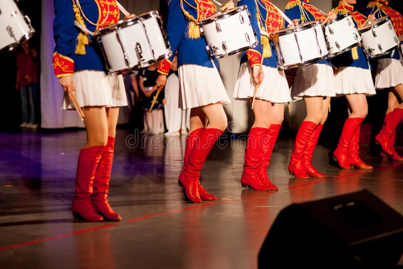 Girl, drummer in the form of a hussar on holidays. Girl, drummer in the form of a hussar on holidays