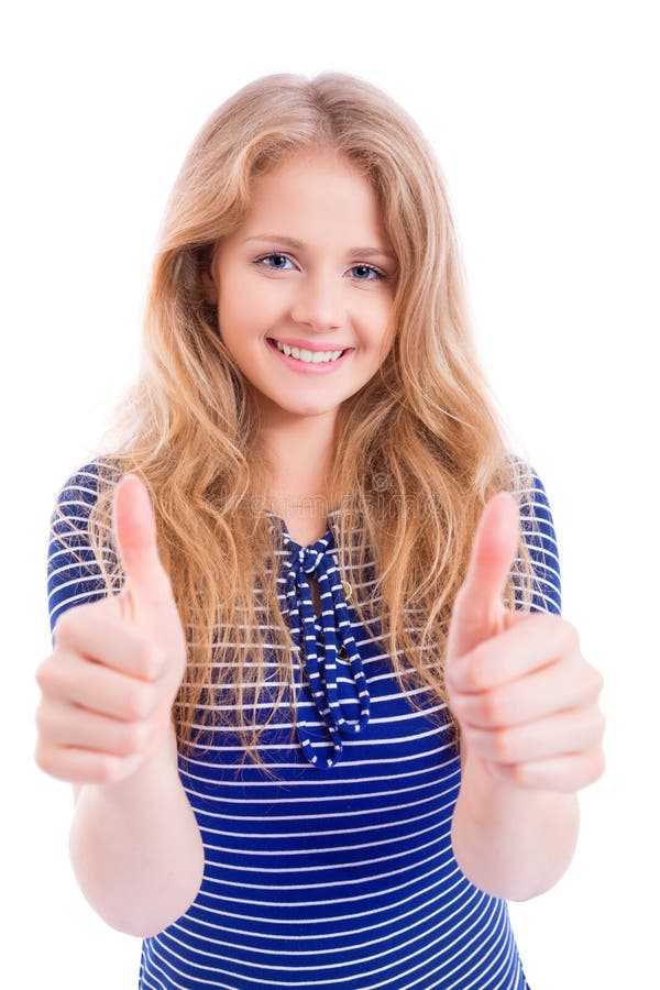 Ragazza bionda felice che mostra OKAY - i pollici su immagini stock libere da diritti Ragazza bionda felice che mostra OKAY - i pollici su immagini stock libere da diritti