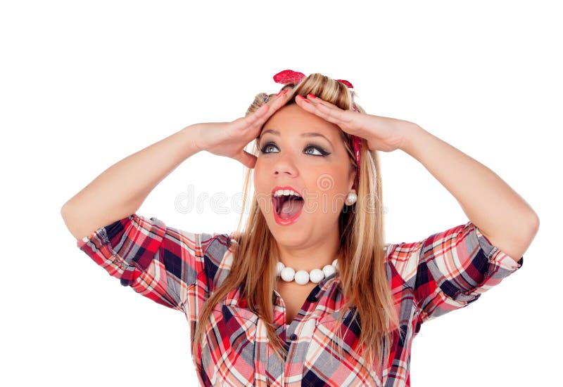 Ragazza bionda sorpresa con gli occhi azzurri nello stile del pinup fotografia stock Ragazza bionda sorpresa con gli occhi azzurri nello stile del pinup fotografia stock