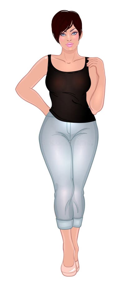 Ragazza caucasica Curvy in abbigliamento casual e tacchi alti isolati su w illustrazione di stock