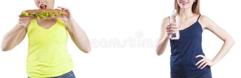 Ragazza che dimagrisce prima e dopo il panino di dieta, successo in eccesso dell'acqua fotografia stock libera da diritti Ragazza che dimagrisce prima e dopo il panino di dieta, successo in eccesso dell'acqua fotografia stock libera da diritti