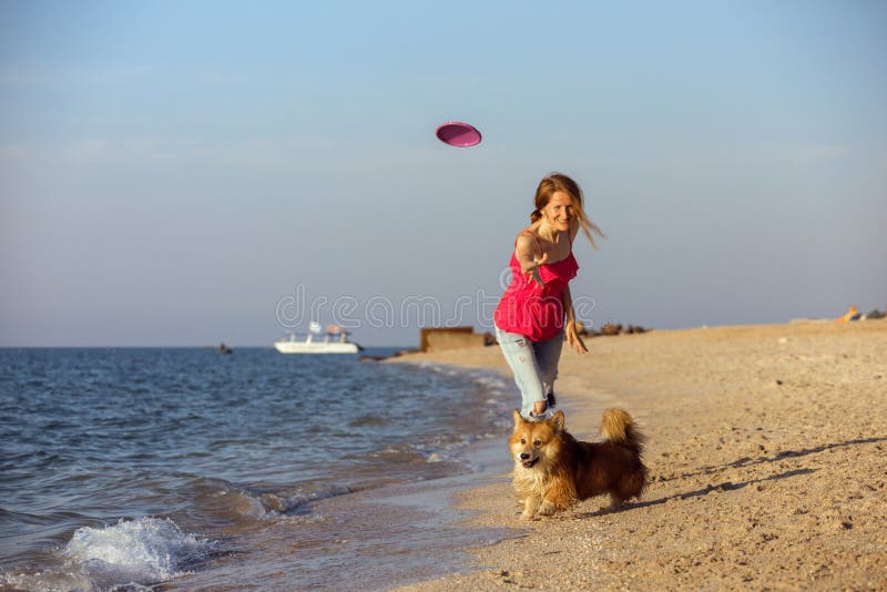 Ragazza che gioca con un cane sulla spiaggia immagine stock libera da diritti Ragazza che gioca con un cane sulla spiaggia immagine stock libera da diritti