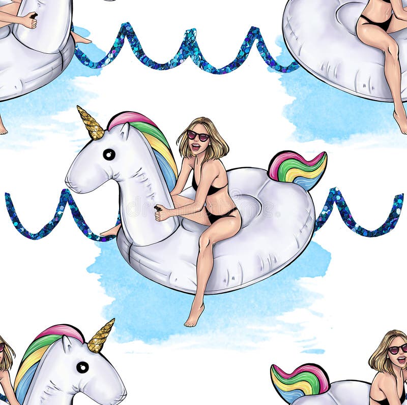 Ragazza che guida unicorno gonfiabile sulle onde di scintillio e sui colpi dell'acquerello illustrazione vettoriale Ragazza che guida unicorno gonfiabile sulle onde di scintillio e sui colpi dell'acquerello illustrazione vettoriale