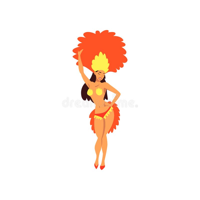 Ragazza che porta il costume rosso e giallo che balla, brasiliano Samba Dancer, Rio de Janeiro Carnival Vector di festival illustrazione di stock Ragazza che porta il costume rosso e giallo che balla, brasiliano Samba Dancer, Rio de Janeiro Carnival Vector di festival illustrazione di stock