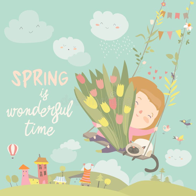 Ragazza che si siede sull'oscillazione con i fiori della molla illustrazione vettoriale Ragazza che si siede sull'oscillazione con i fiori della molla illustrazione vettoriale