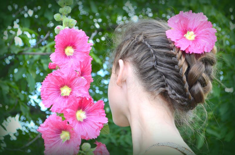 Ragazza con l'acconciatura e le malvarosa rosa immagini stock libere da diritti Ragazza con l'acconciatura e le malvarosa rosa immagini stock libere da diritti