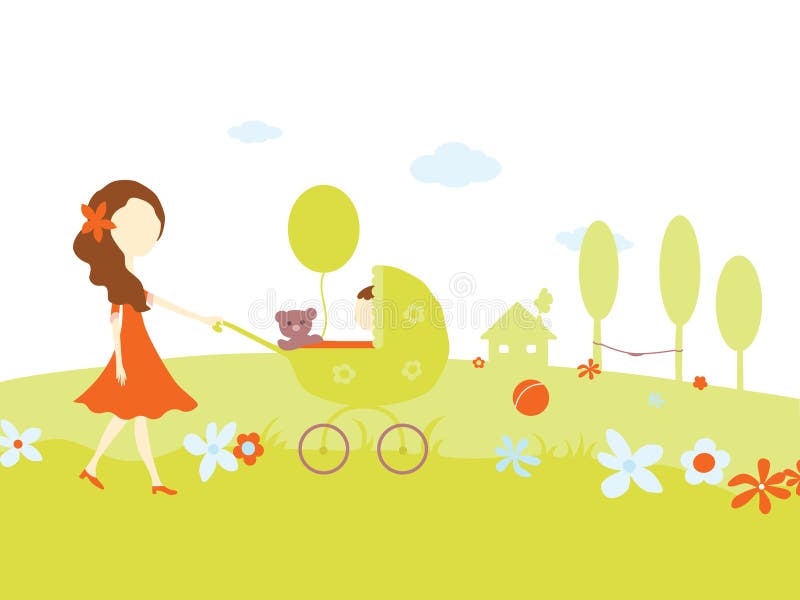 Ragazza con un bambino in carrozzina illustrazione vettoriale Ragazza con un bambino in carrozzina illustrazione vettoriale